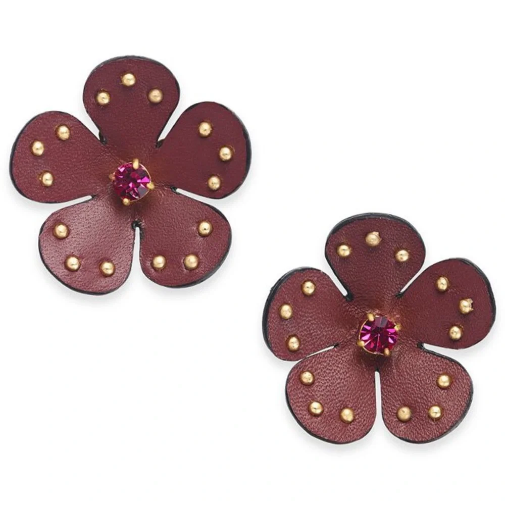 Kate Spade flower earrings. Burgundy leather with pink crystal centers. New!